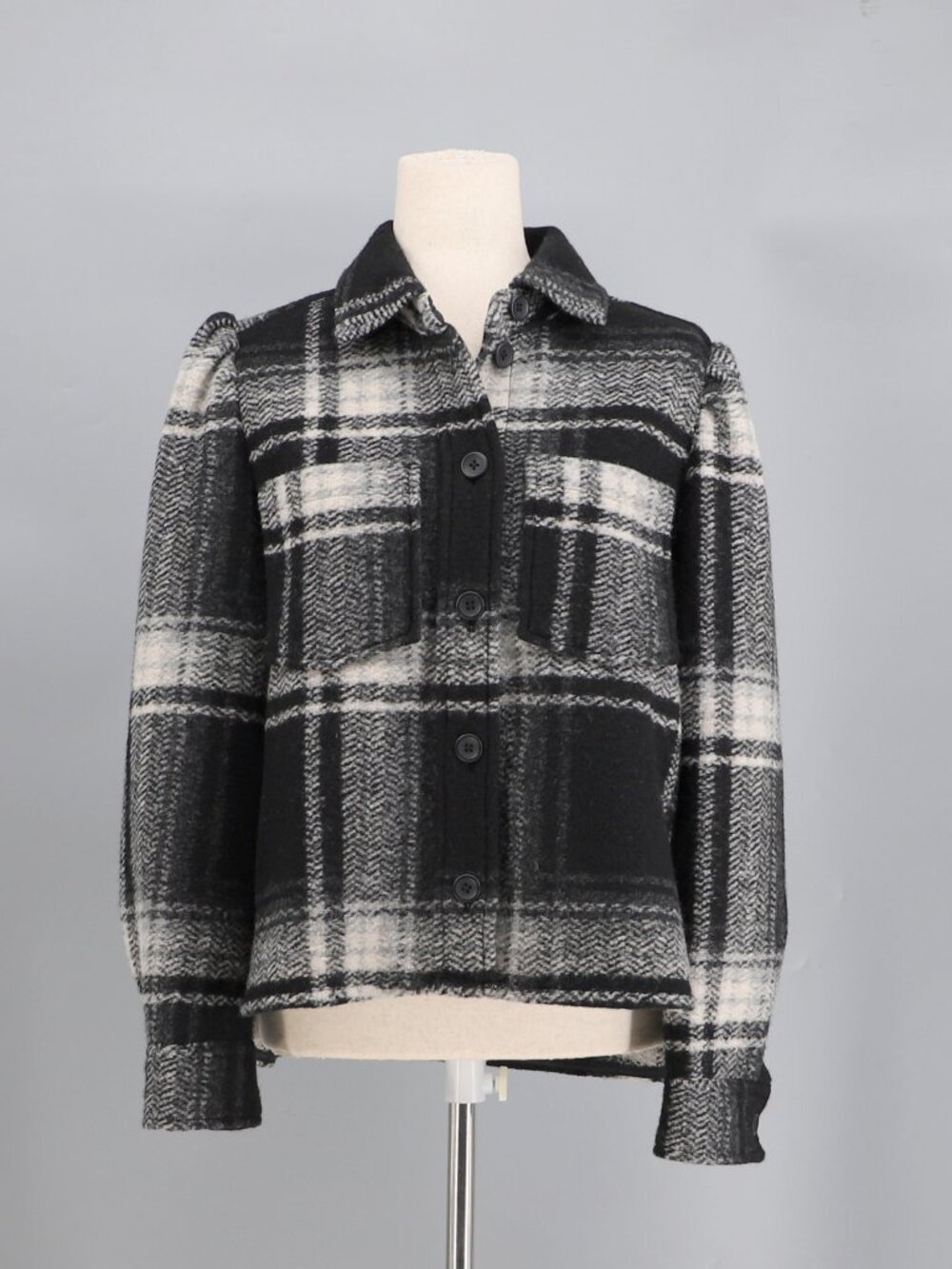 GAP Puff Sleeve Cropped Wool Shirt Jacket in Black Plaid Size S